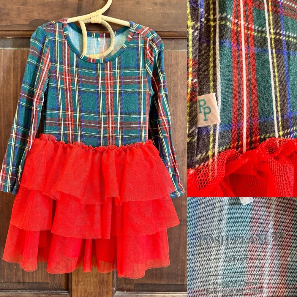 Posh Peanut Plaid Christmas Holiday Dress with Red Tulle Skirt 3T 4T Bamboo